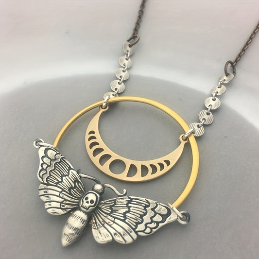 Lunar Moth Pendant Necklace, Vintage Style, Celestial Phases Charm with Metal Chain, Bohemian Gothic Jewelry for Women and Men