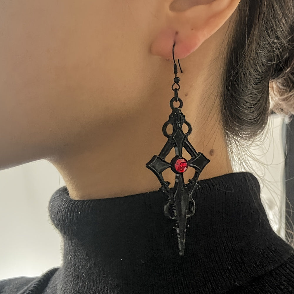 1 Pair Of Gothic Style Dangle Earrings Black Cross Design Inlaid Scarlet Gemstone Match Daily Outfits Party Accessories
