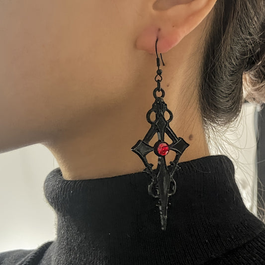 1 Pair Of Gothic Style Dangle Earrings Black Cross Design Inlaid Scarlet Gemstone Match Daily Outfits Party Accessories