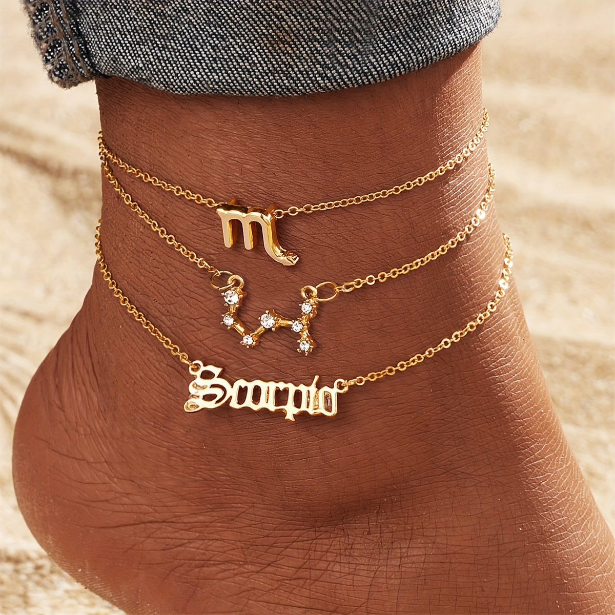 3pcs Set, Women'S Fashion Ankle Bracelets, Zodiac Sign Charm, Alloy with Synthetic Gemstones, Simple Style, All-Season Wear, Jewelry Accessories for Ladies