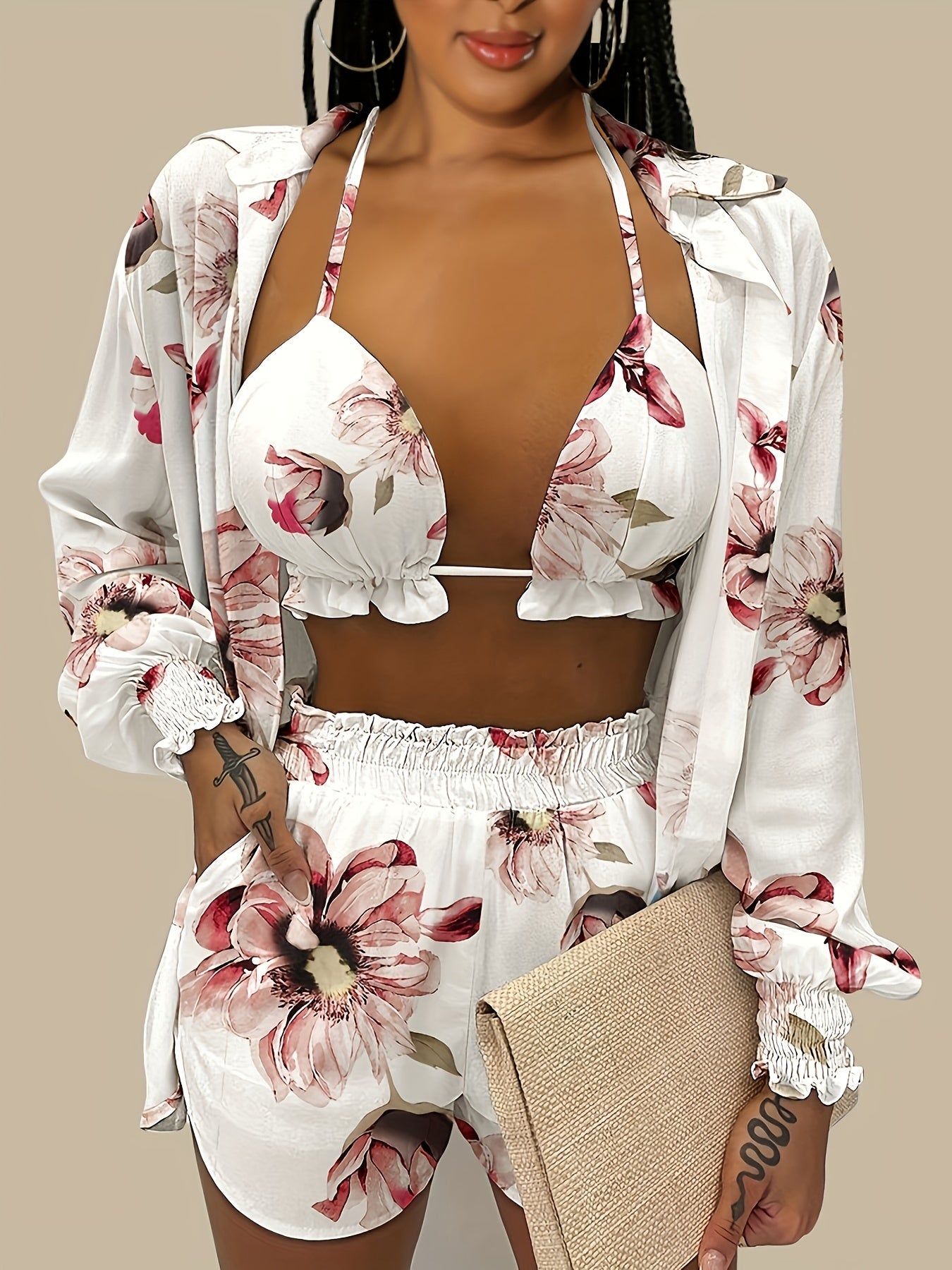 3pcs Vibrant Summer Women's Outfit: Sexy Red Halter Top & Floral Print Shorts Set with Sheer Long Sleeve Shirt - Polyester Blend, Machine Washable, Perfect for Vacation, Sexy, New Style, Print, 3pcs Set, Women's Clothing