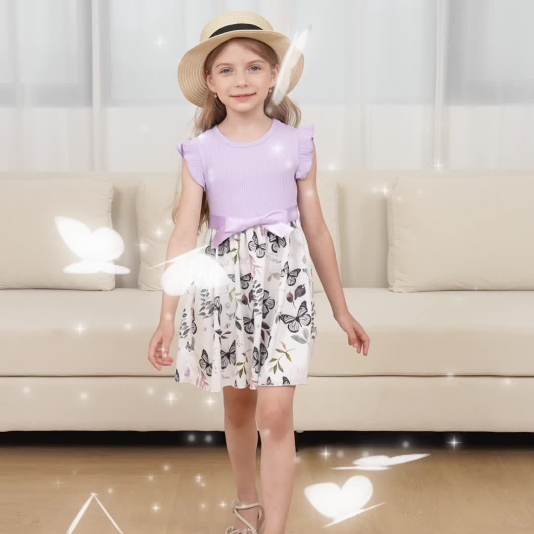 Baby Girls Cute Butterfly Graphic Print Ruffled Sleeve Belted Dress, Kids Summer Comfortable Clothes