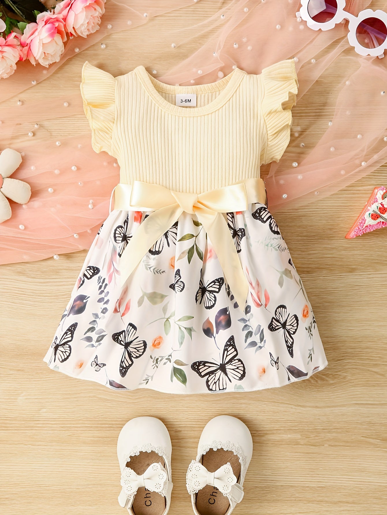 Baby Girls Cute Butterfly Graphic Print Ruffled Sleeve Belted Dress, Kids Summer Comfortable Clothes