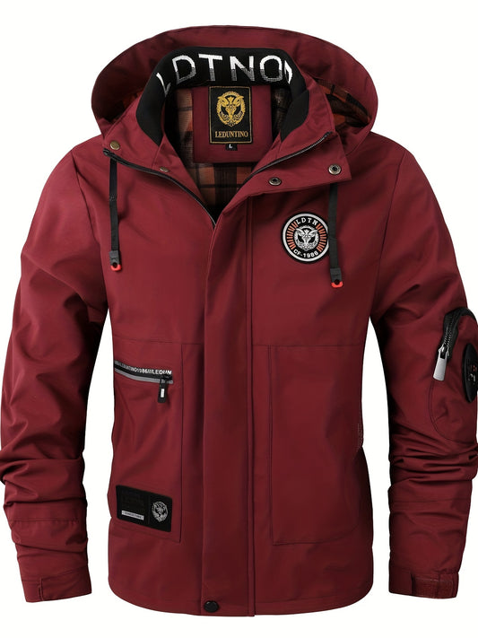 Mens Waterproof Zipper Pocket Hoodie Jacket - Stylish Drawstring Hood, Stretchy Comfort, Water-Repellent for Spring & Fall Outdoors