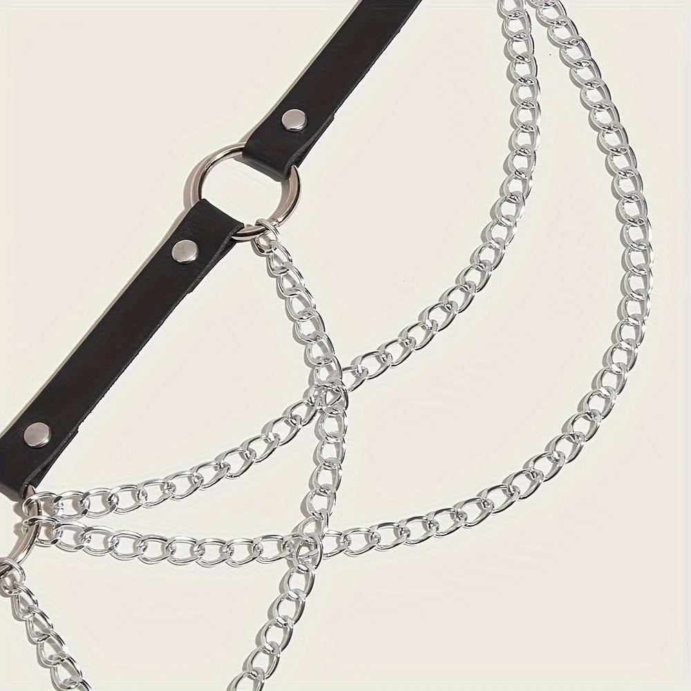 1pc Gothic Black PU Leather Waist Chain Belt With Chain Pendant Adjustable Harness Belt