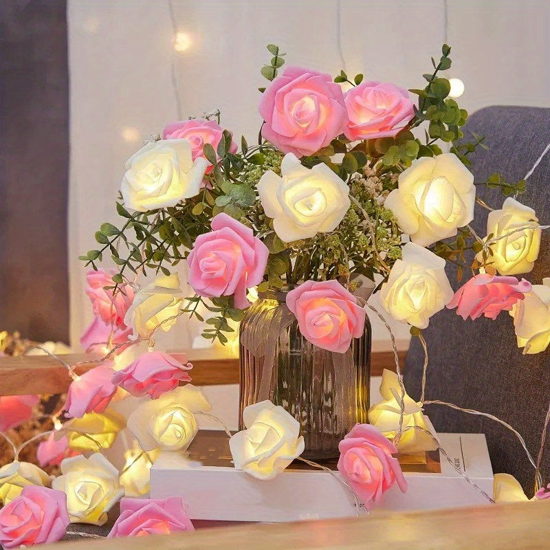 10 LED Rose Flower String Lights - Delicate Fairy Lights for Indoor Outdoor Decorations - DIY Wedding Garden Party Decor, Battery Operated with Compact Battery Box (Battery Not Included)