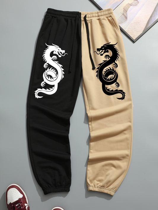 Two Color Splicing, Men's Drawstring Sweatpants, Dragons Print Pocket Breathable Casual Jogger Pants, Mens Clothing