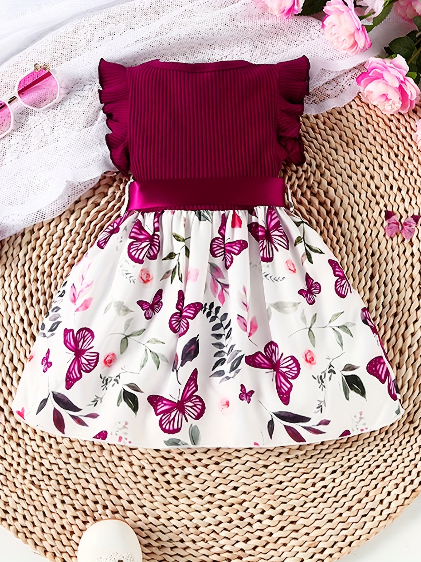 Baby Girls Cute Butterfly Graphic Print Ruffled Sleeve Belted Dress, Kids Summer Comfortable Clothes