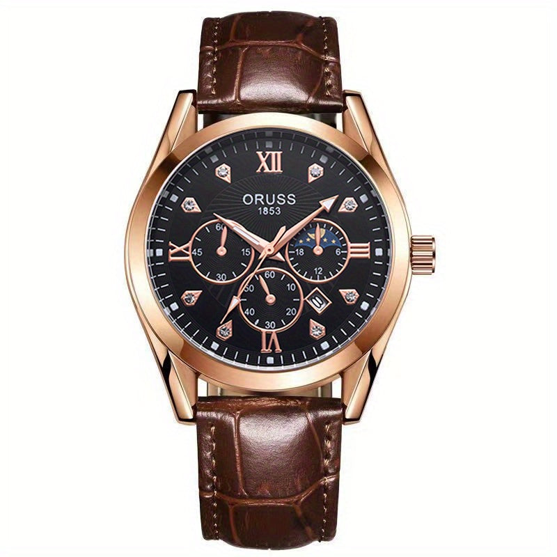 Mens Round Quartz Watch - Funky PU Leather Strap, Non-Waterproof, Electronic Pointer Display, Alloy Case, Ideal Gift for College Gentleman