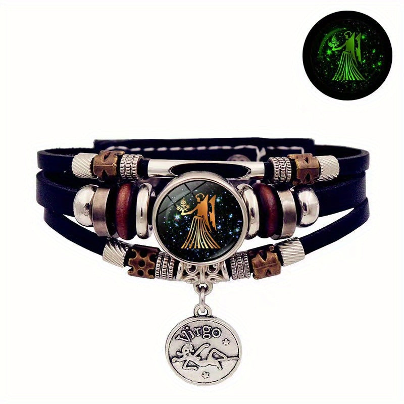1pc 12 Zodiac Luminous Leather Bracelet Men Women Handmade Multilayer Beaded Bracelet Creative Hand Jewelry Bracelet Party Birthday Favors