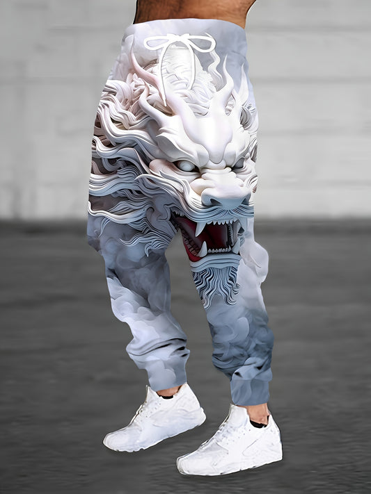 Mens Comfort Fit 3D Dragon Print Sweatpants - Elastic Waist, Pocketed, Slight Stretch, Machine Washable, Casual Streetwear Trousers for All Seasons