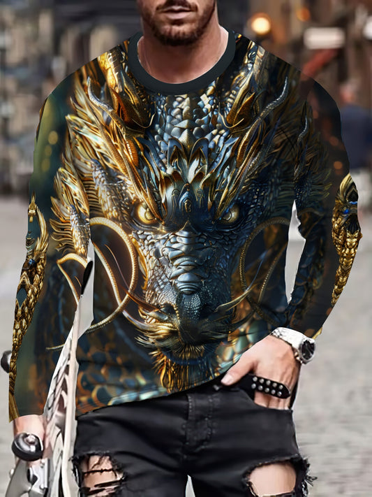 Men's 3D Dragon Print Long Sleeve T-Shirt - Casual & Comfortable, Crew Neck, Stretch Fabric, Machine Washable