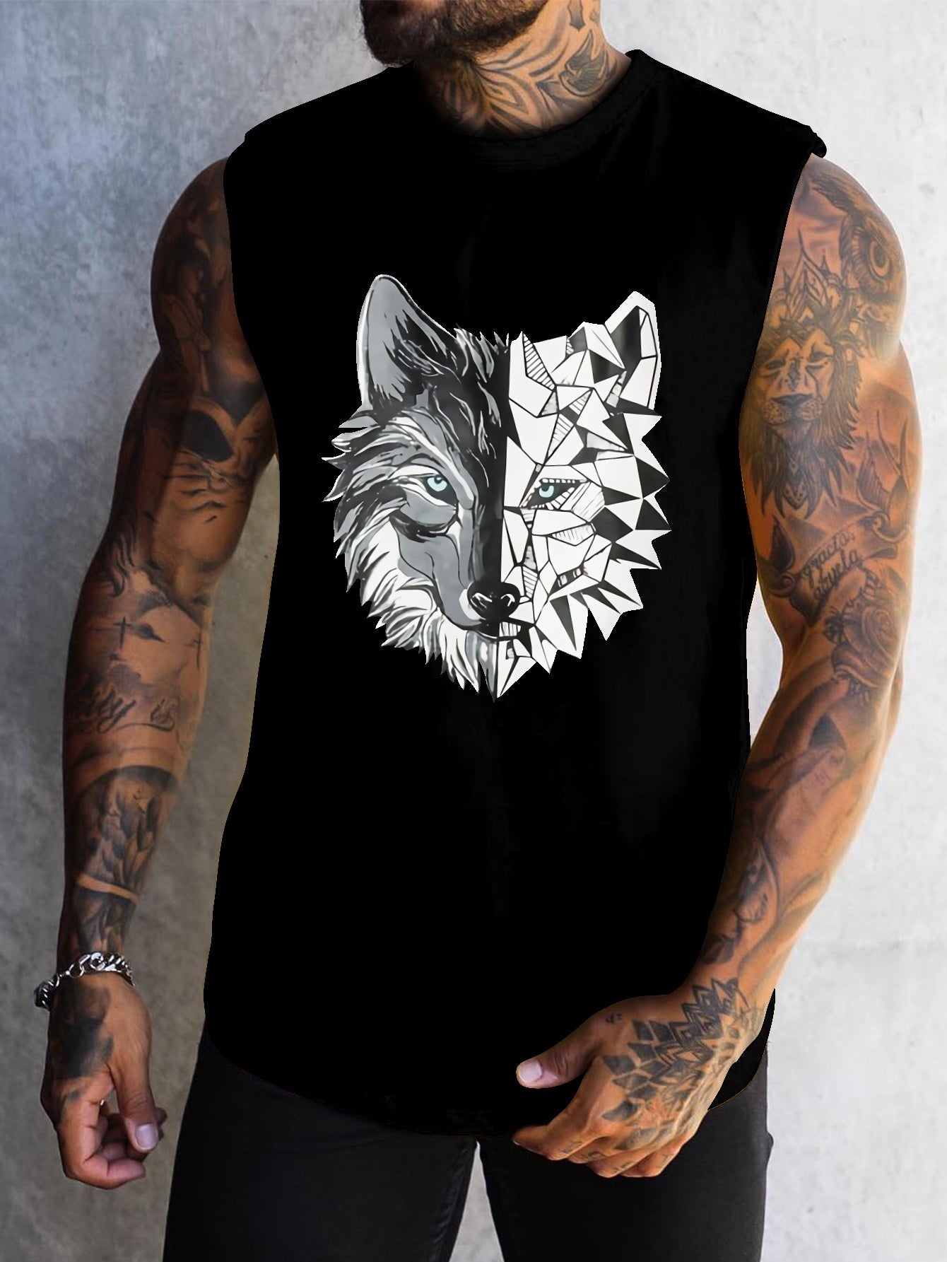 Mens Graphic Wolf Print Crew Neck Regular Fit Tank Top - Soft Slight Stretch Polyester Fabric, Casual Sports Fitness Sleeveless Tee for Summer - Comfortable Knit Fabric, Patterned Print Design