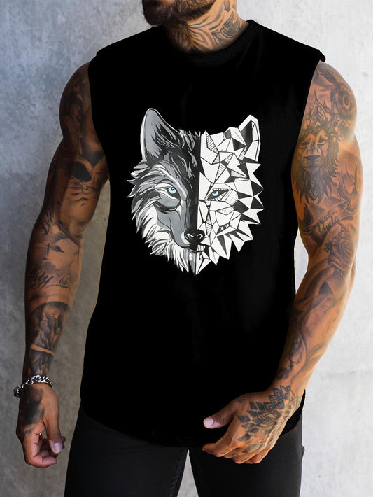 Mens Graphic Wolf Print Crew Neck Regular Fit Tank Top - Soft Slight Stretch Polyester Fabric, Casual Sports Fitness Sleeveless Tee for Summer - Comfortable Knit Fabric, Patterned Print Design