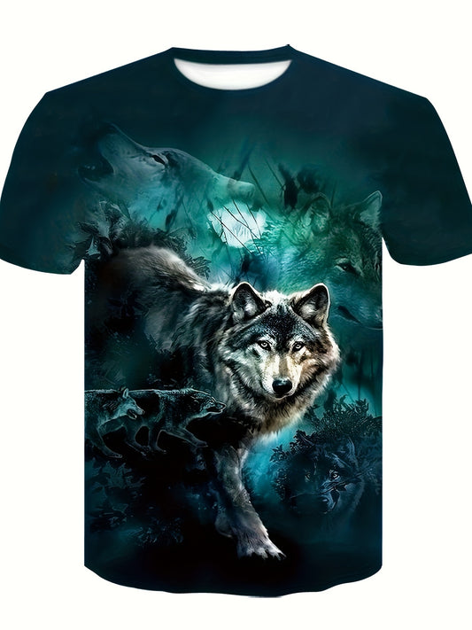 Mens Wolf Print Graphic T-Shirt - Durable & Breathable Active Tee for Gym, Running - Casual Crew Neck, Quick-Dry Comfort - Perfect Summer Wear for Fitness Enthusiasts