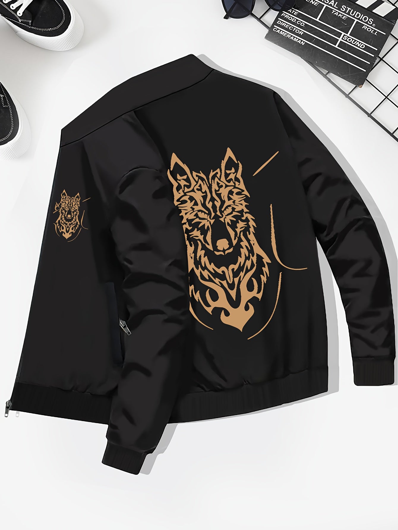 Plus Size Wolf & Skull Graphic Print Men's Solid Zip Up Lapel Jacket With Side Pockets, Comfy Slightly Stretch Casual Coats, Men's Clothings