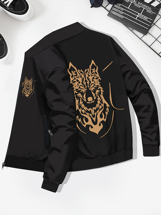 Plus Size Wolf & Skull Graphic Print Men's Solid Zip Up Lapel Jacket With Side Pockets, Comfy Slightly Stretch Casual Coats, Men's Clothings