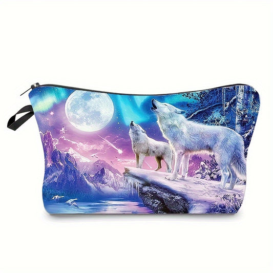 Stylish Wolf Print Canvas Makeup Bag - Zipper Closure, Portable, Spacious, Polyester Lined, Animal Patterned Toiletry Wash Organizer for Travel