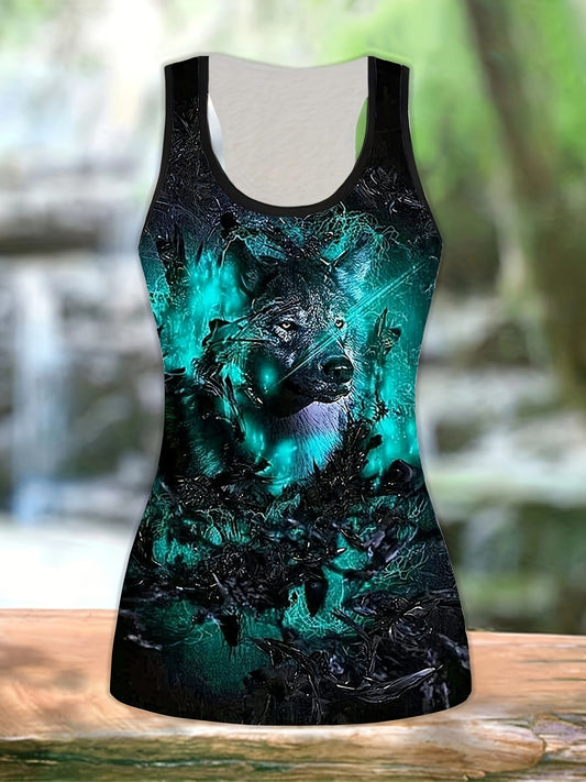 Women's Wolf Print Performance Tank Top - Breathable, Quick-Dry Fabric for Running & Gym